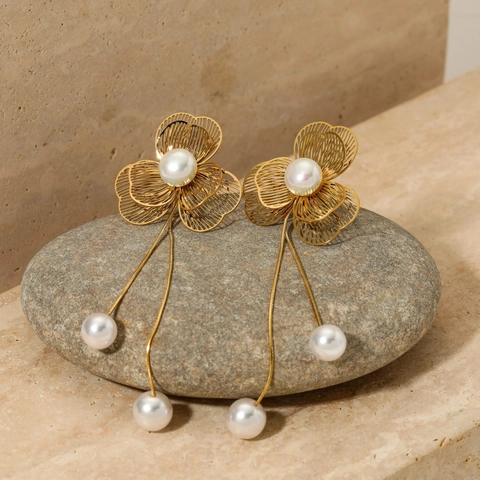 Pendientes De Gota Con Borla De Perla Artificial Y Flor Hueca Acero Inoxidable Elegantes Largos Diseño De Nicho Mujer