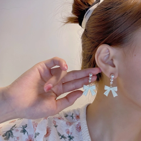 Bowknot Artificial Pearl Drop Earrings With 925 Sterling Silver Earring Post Alloy Resin Creamy White Sweet Elegant For Women