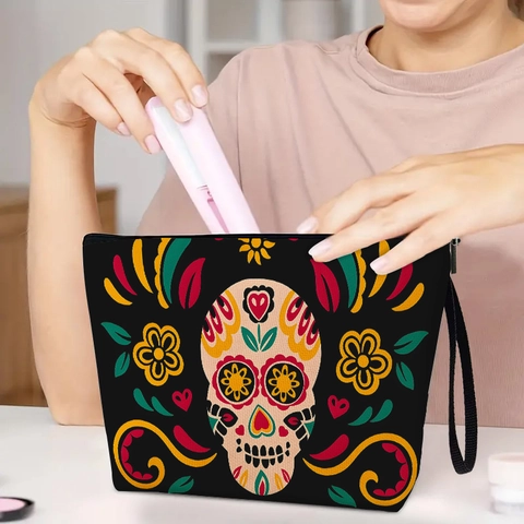 Borsa Da Trucco Lino Fine Cerniera Portatile Messico Giorno Dei Morti Stampa Teschio Di Zucchero Organizzatore Cosmetici
