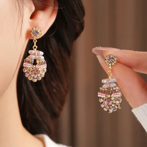 Orecchini Pendenti Tondi Vintage Per Donna Con Strass In Vetro E Perno In Argento Elegante Viola Rosa