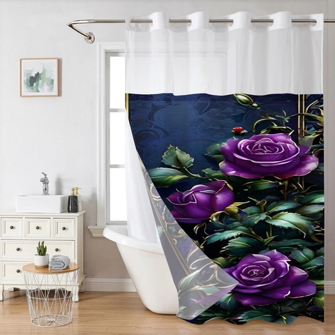 Douchegordijn Waterdichte Polyester Stof Gelaagd Wafelstructuur Bloemenprint Magnetische Bodem Gaasvenster