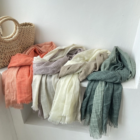 Elegant Women Mori Style Linen Scarf Gradient Color Block Shawl Thin Sun Protection Scarf Retro Long Tassel Wrap For Daily