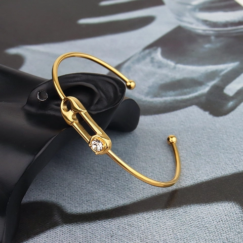 Brazalete De Alfiler De Seguridad De Acero Inoxidable Con Circón Pulido De Lujo Para Mujer