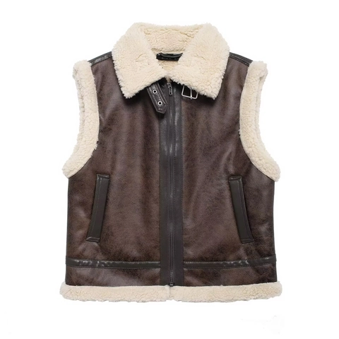 Women Faux Leather Vest With Lamb Wool Lining Zip Up Sleeveless Waistcoat Retro Warm Outerwear For Autumn Winter