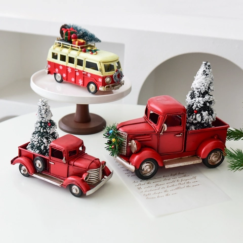 Vintage Metal Christmas Vehicle Ornament Retro Red Truck Train Bus Model With Mini Tree Holiday Desktop Decor