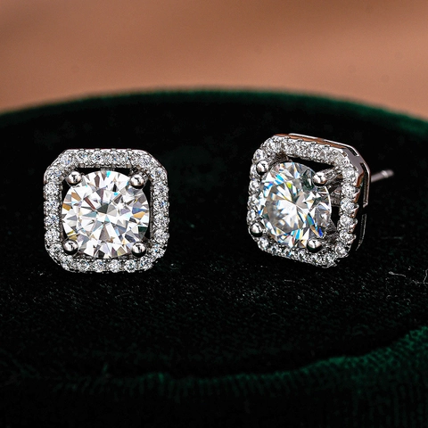 Square Halo Moissanite Stud Earrings With 925 Sterling Silver Earring Post Elegant Sparkling Jewelry For Women
