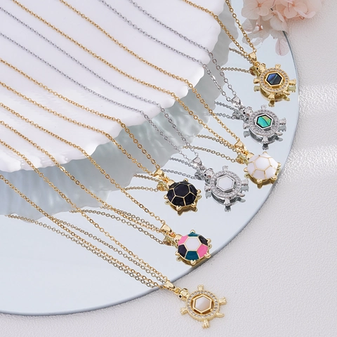 Turtle Pendant Necklace Copper 18K Gold Plated Shell Enamel Zircon Adjustable Animal Jewelry For Women