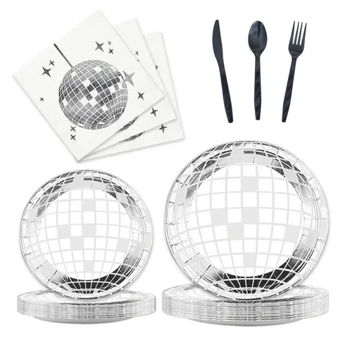 Stoviglie Festa Disco Ball Usa E Getta Metallico Argento Piatti Carta Bicchieri Tovaglioli Posate Plastica Decorazione Compleanno