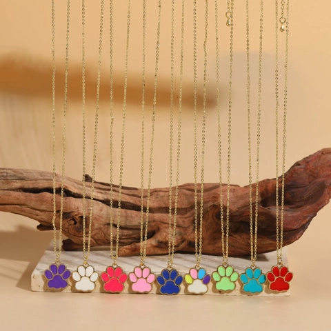 Cat Paw Print Pendant Necklace Copper Enamel Colorful Animal Footprint Jewelry For Women Girls Gold Plated