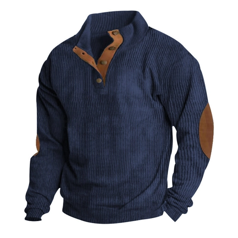 Men's Corduroy Sweatshirt Stand Collar Button Pullover With Elbow Patches Casual Outdoor Long Sleeve Top For Men
