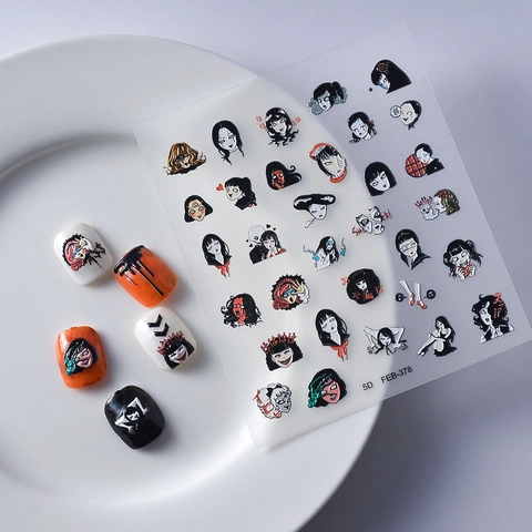5D Geprägte Nagelaufkleber Relief Dunkler Horror Manga Stil Japanische Goth Selbstklebend Maniküre Decals Frauen