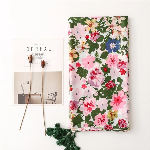 Sciarpa Con Stampa Floreale Da Donna Scialle Lungo In Poliestere Effetto Cotone Lino Con Nappe Avvolgente Da Spiaggia