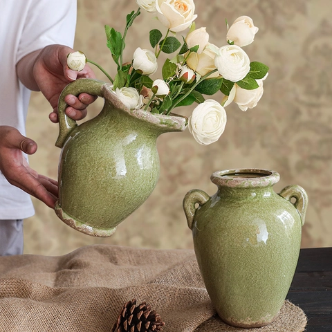 Vase En Céramique Vintage À Glaçure Craquelée Pot De Fleurs Rustique Étanche Décoration De Table Pour La Maison