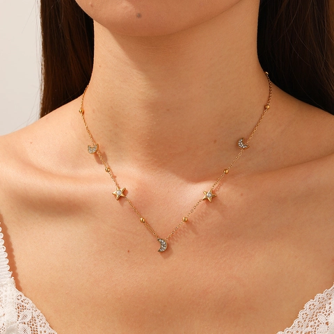 Moon Star Pendant Necklace Stainless Steel Rhinestone Inlaid Gold Plated Beaded Box Chain For Women Versatile Fashion Jewelry