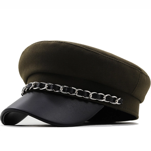 Cappello Baker Boy Retrò Cotone Ecopelle Piatto Newsboy Con Catena In Metallo Stile Britannico Per Donne