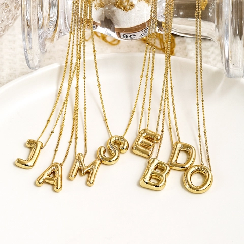 18K Gold Plated Copper Alphabet Pendant Necklace Puffy Balloon Initial Letter Fashion Jewelry For Women Minimalist Style