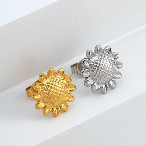 Stainless Steel Sunflower Stud Earrings For Women Gold Silver Plated Botanical Floral Design Trendy Daily Fashion Jewelry