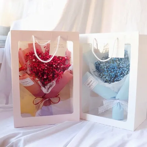 Clear Window Gift Bags With Handle Paper Transparent PVC Packaging For Flower Dolls Party Favors Elegant
