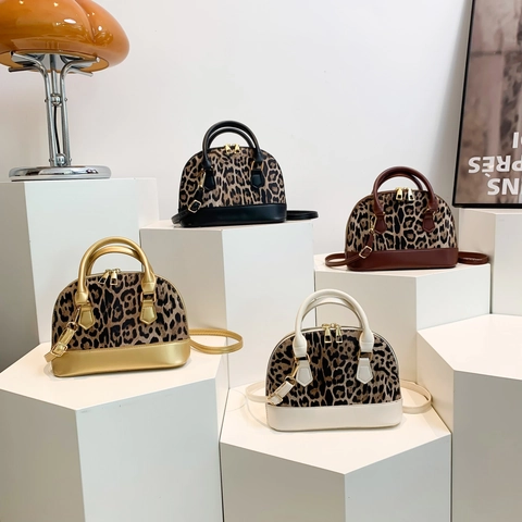 Leopard Print Spliced Shell Handbag PU Leather Contrast Color Crossbody Bag For Women Chic Elegant Golden Zipper