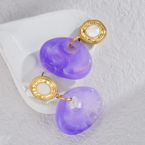 Pendientes Colgantes Bohemios Vintage Para Mujer Acero Inoxidable Chapado En Oro 14K Resina Mármol Púrpura Nácar
