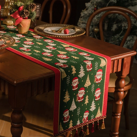 Christmas Table Runner Jacquard Santa Claus Snowflakes Tassels Polyester Holiday Home Dining Party Decor Festive