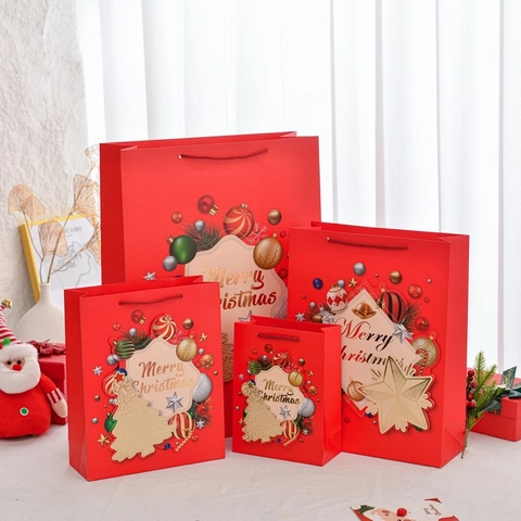 Sacchetti Regalo Di Natale Carta Rossa Confezione Festiva Con Manico Motivo Buon Natale Borse Decorative