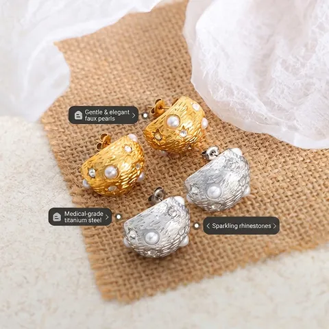 Orecchini Vintage In Acciaio Al Titanio Texturizzati Con Perla Artificial Sintetica E Strass Gioielli Retrò Per Donne