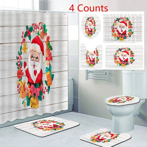 Christmas Bathroom Waterproof Shower Curtain Non-Slip Rug Toilet Lid Cover Bath Mat Polyester Flannel Festive Design
