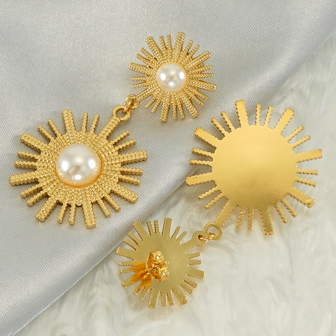 Orecchini A Goccia Di Girasole Vintage Per Donna In Acciaio Inossidabile Placcato Oro 18K Con Perla Artificial