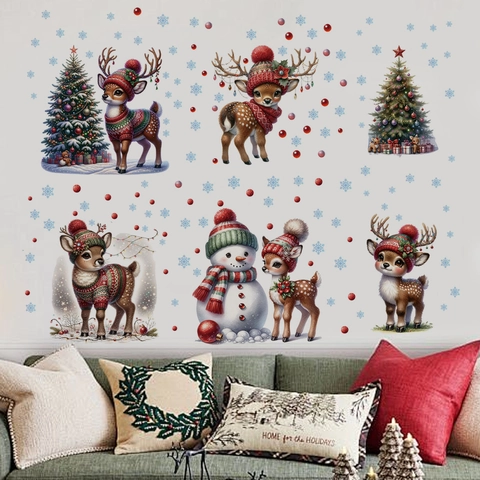 Christmas Wall Stickers PVC Removable Reindeer Snowman Tree Snowflakes Living Room Bedroom Glass Decor Cartoon Festive