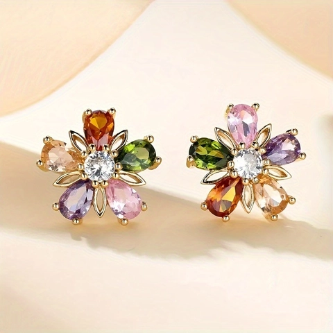Colorful Flower Necklace And Stud Earrings Alloy Inlaid Rhinestone Multi Petal Floral Elegant Jewelry For Women