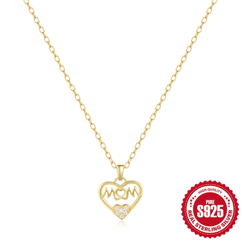 Collar Con Colgante De Corazón De Plata De Ley 925 Letras MOM Incrustación De Circón Regalo Día De La Madre Joyas Mujer