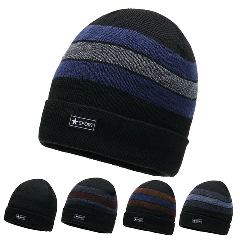 Berretto Invernale da Uomo in Maglia Jacquard Spesso Foderato in Pile Caldo a Righe Berretto Sportivo All'aperto