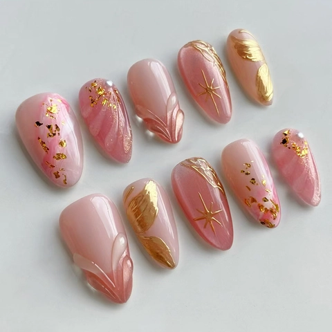 Press On Nails Almond Ombre Pink Gold Foil 3D Star Relief Artificial Pearl Accents Glossy ABS Plastic Fashionable Removable