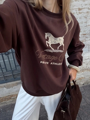 Damen Sweatshirt Vintage Pferdegrafik Druck Rundhals Locker Drop Shoulder Baumwollmischung Fleece Retro Streetwear Casual