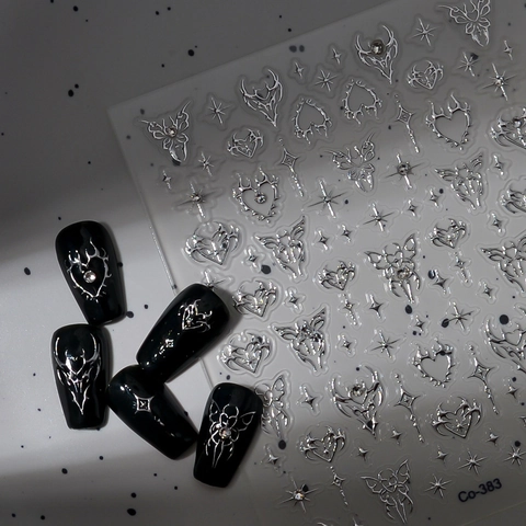 5D Relief Nagelsticker Metallisch Gothic Schmetterling Herz Y2K Design Selbstklebend Maniküre Aufkleber