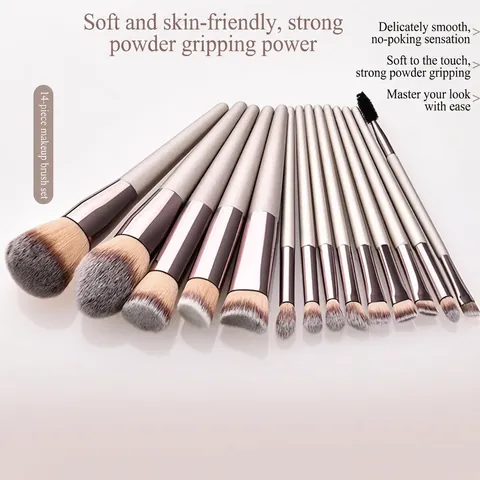Brochas De Maquillaje Profesionales Oro Champaña Fibra Sintética Mango De Madera Suave Con Bolsa De Almacenamiento Portátil Para Mujeres