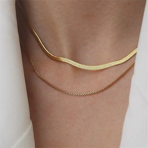 Double Layered Herringbone Snake Bone And Box Chain Necklace Alloy Minimalist Clavicle Jewelry Vintage Style For Women