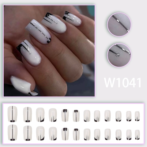 Unghie Finte Medie Lunghe Design Geometrico Bianco Nero Stile Francese Glitter Strass Donne Manicure Elegante