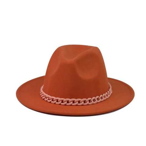 Fedora Hat Wide Brim Cotton Polyester Felt With Chunky Chain Decor Flat Top Jazz Cap For Men Women Kids