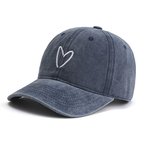 Washed Cotton Baseball Cap Heart Embroidery Adjustable Vintage Denim Sun Hat For Outdoor Activities Unisex