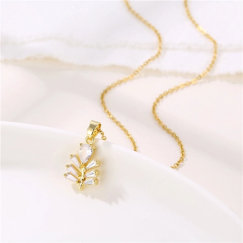 Collar Pendiente Rama Arbol Acero Inoxidable Cobre Zircon Incrustado Forma Hoja Abeto Joyeria Clavicula Minimalista