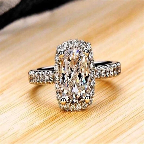 Rechthoekige Kussengeslepen Zirkonia Halo Ring Koper Platina Verguld Verloving Bruiloft Sieraden Vrouwen Luxueus Geometrisch