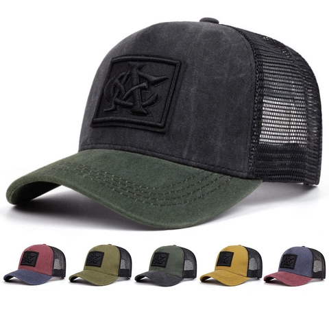 Cappello Trucker Vintage Baseball Cotone Poliestere Mesh Traspirante Lavato Colore Contrastante Patch Ricamo Uomo Donna