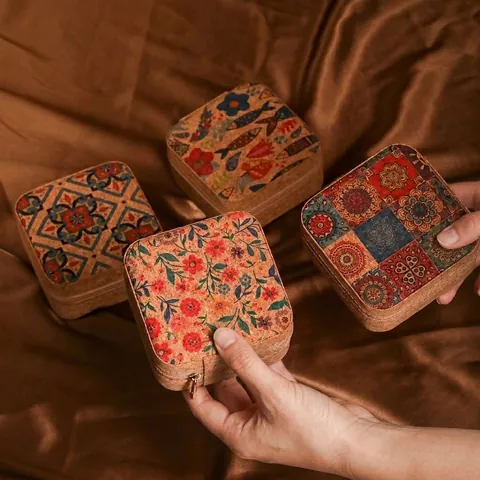 Vintage Cork Jewelry Box Portable Travel Storage Organizer Zipper Case For Rings Earrings Necklaces Mandala Floral Pattern