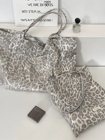 Sac Tote Femme Imprimé Léopard Argent Métallique Grande Capacité Sac À Épaule Sac À Main Décontracté Avec Poche