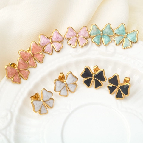 Stainless Steel Bow Earrings For Women Gold Plated Enamel Marble Pattern Bowknot Stud Earrings Fashion Jewelry Gift