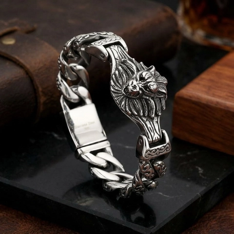 Men Vintage 316L Stainless Steel Bracelet Retro Wolf Head Skull Punk Rock Gothic Biker Cuban Link Chain Jewelry