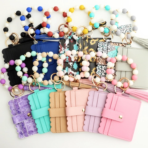 Silicone Bead Bracelet Keychain PU Leather Card Holder Wallet With Tassel Wristlet For Women Fashion Accessory