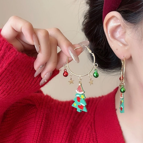Créoles De Noël Avec Pendentif Père Noël Arbre Alliage Émail Et Clou D'oreille En Argent Sterling 925 Bijoux